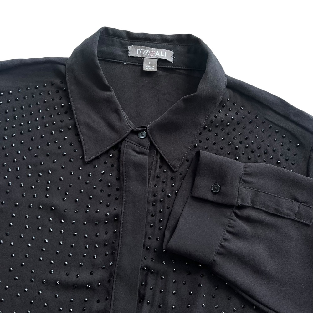 Roz & Ali Women's L Black Embellished Bling Long Sleeve Button Down Shirt Blouse